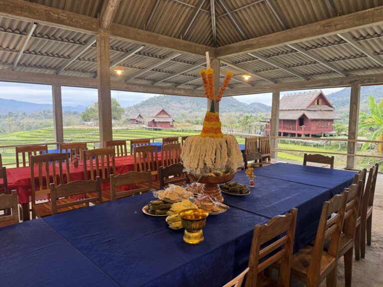 Baci ceremony setup at Kao Niaw Farm Stay - Luang Prabang